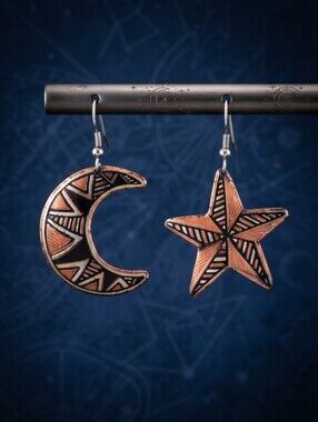 Copper Star & Crescent Tribal Dangle Earrings Art Deco Moon  Star